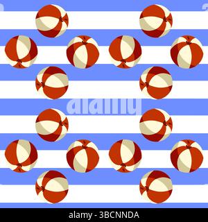 Striped seamless background featuring red and cream beach balls on alternating white and blue horizontal lines. Stock Vector