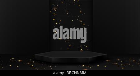 Black podium with gold glitter - empty dark hexagonal stage illuminated by sparkling golden bokeh lights. Elegant festive background with shimmering floor for luxury product display or event ceremony. Stock Vector