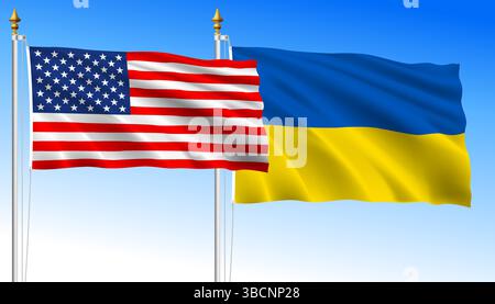 United States vs Ukraine, waving flags on a sky blue background, vector illustration Stock Vector