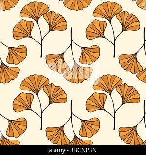 Autumn Ginkgo biloba pattern, leaves silhouette gold, yellow and beige colors. . Vector illustration Stock Vector