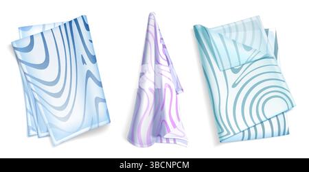 Pastel abstract patterned kitchen towels set - soft blue, purple and green colors of vivid swirl textures and curving lines ornaments. Decorative fabric napkins collection with wavy striped designs. Stock Vector