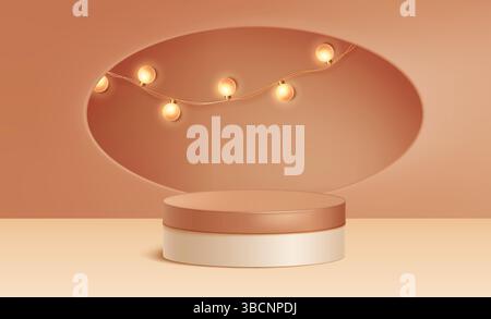 Glowing string light bulbs illuminating brown cylinder podium - warm golden spherical orbs connected by delicate wires shining over platform. Elegant pastel background with soft lighting effect. Stock Vector