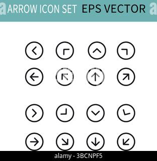 An arrow icon set in black, offering various direction symbols Stock Vector