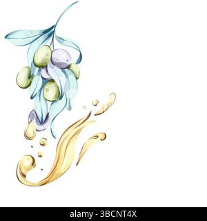Olives and olive oil captured in a vibrant watercolor illustration celebrating Italian cuisine and natures bounty frame, border, arrangement Stock Vector