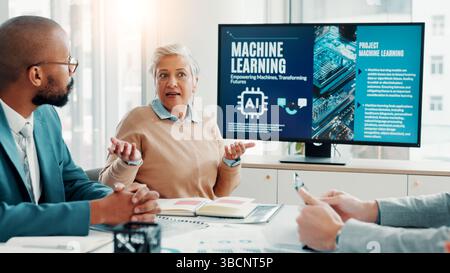 Machine learning, business people and development for ai, teamwork and cyber security with software update. Group, employees or tech expert in office Stock Photo