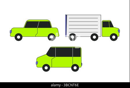 Three vehicles side view 2D cartoon objects set Stock Vector