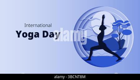International Yoga Day. Horizontal template. Virabhadrasana pose. Warrior pose. Paper cut design. Isolated vector illustration. Stock Vector