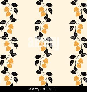 Autumn physalis ornament. Pattern of physalis branches, branches with lantern fruits and leaves. Packaging, wrapping, wallpaper, textile, background. Stock Vector