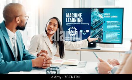Machine learning, business people and discussion with ai, data scientist or cyber security with software update. Innovation, employees or tech expert Stock Photo