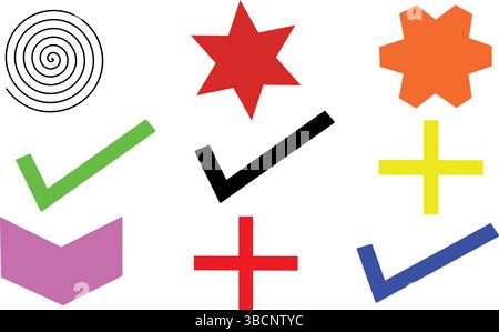 Mixed Colorful Vector Icons Collection of Arrows, Checks, Stars, Shapes for Creative Abstract Projects and Bold Design Backgrounds Stock Vector