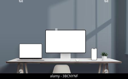 Responsive mockup setup with computer, laptop, and smartphone on desk, all with clean white screens, ideal for web design presentation Stock Photo
