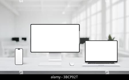 Close-up of responsive mockup with smartphone and laptop on office desk, both screens ready for UI or web design Stock Photo