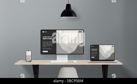Responsive website layout shown in multiple screen formats on office desk, representing cross-device compatibility for professional web design studios Stock Photo