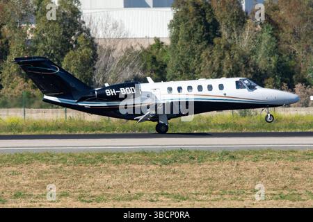 Air Charter Scotland Europe's Cessna Citation CJ2+ executive jet landing at Málaga Costa del Sol Airport, registration 9H-BOD. Stock Photo