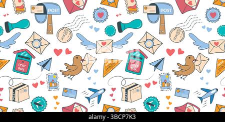 Post parcels and letters hand drawn seamless pattern. Background with colored elements - envelope, mailbox, letter, parcel, carrier pigeon, airplane Stock Vector