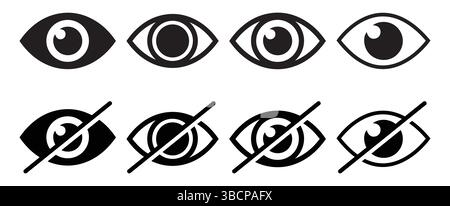Eye black line icon set. No eye logo, crossed, privacy protection symbol, protect eye label, prevent peeping badge, anti spy, 99.9% high transparent. Stock Vector