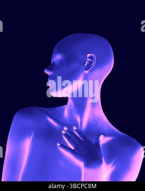 Abstract composition. Faceless neon purple figure turns away with hand placed on chest, soft light on body highlights textured noise effect. Stock Photo
