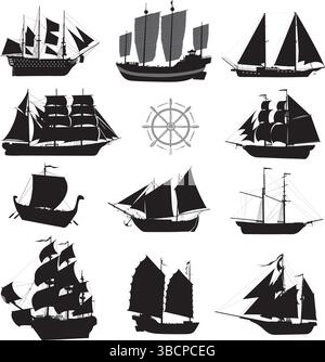 Sailing ships vector silhouettes collection with steering wheel symbol Stock Vector