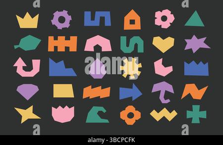 Various colorful abstract flat y2k geometric shapes. Groovy funky angular vector cloud, arrow, star, crown. Stock Vector