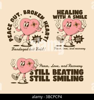 Three cute heart characters showing peace, hope, and healing in playful retro cartoon style Stock Vector