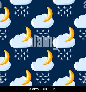 Seamless pattern with winter weather icon clouds, moon and snowflakes in cartoon style. Design is perfect for seasonal projects, winter designs and Stock Vector