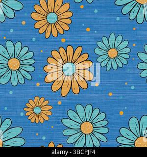 Retro Blue and Mustard Daisy Flowers on Linen Texture Stock Vector