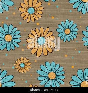 Retro Blue and Mustard Daisy Flowers on Linen Texture Stock Vector