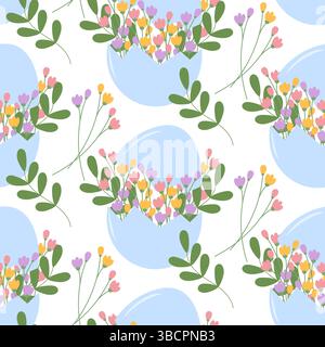 Blue Colored Easter Egg Shell with flower bouquet in and twigs around Springtime Seamless Pattern. Isolated Vector illustration Greeting Thematic Cards Background or promo banner, leaflets, posters Stock Vector