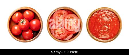 Tomatoes in wooden bowls. Fresh red cherry or cocktail tomatoes on the left, sliced fresh plum tomatoes in the center, and tomato sauce on the right. Stock Photo