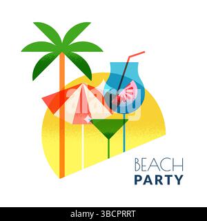 Beach cocktails label, logo. Modern flat vector design with palm, drinks, and umbrella on yellow circle background. Perfect for summer party banner, b Stock Vector