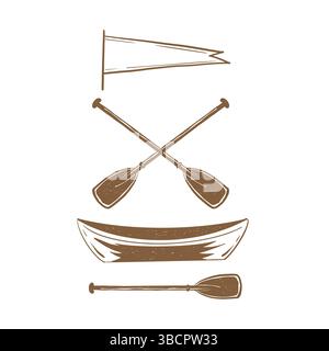 TSet of hand drawn illustrations wooden boat, oars, flag. Set of travel icons. Two boat paddles or canoe oars flat vector icon for nautical apps and websites. Vector illustration Stock Vector