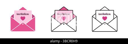 Romantic Invitation Envelope Icon Set with Heart Design Stock Vector