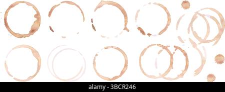 Coffee or tea stain drink cup rings vector illustration set isolated on white background. Stock Vector