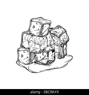 Stacked ice cubes melting into water puddle monochrome vector illustration. Crystal freezer brick graphic sketch for beverage packaging, bar menus Stock Vector