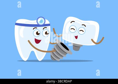 Dental implant . Dentist and artificial tooth with screw . Cartoon characters . Vector . Stock Vector