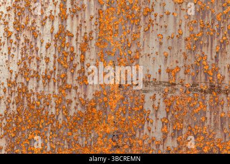 Close-up of a corroded metal surface covered in flaky orange rust, showcasing industrial decay and gritty texture for backgrounds or design use. Stock Photo