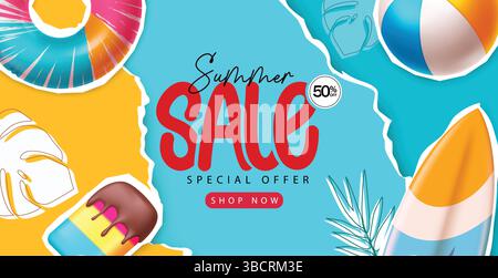 Summer sale vector banner design. Summer sale text special offer 50% off. Summer sale papercut banner design, Vector illustration. Stock Vector