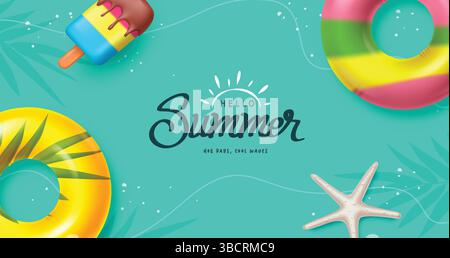 Hello summer text vector template design. Hello summer greeting text with colorful  floaters, Popsicle and starfish Stock Vector