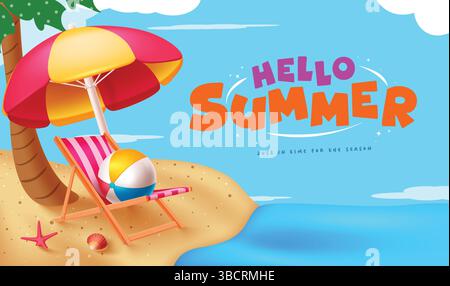 Summer hello text vector design. Hello summer greeting text with chair, sea shell, umbrella, starfish and beachball elements Stock Vector