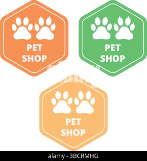 Hexagonal pastel colored pet shop signs with dog and cat paw prints and text Stock Vector