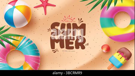 Hello summer greeting text in sand with floaters, popsicle, sea shell, palm leaves and starfish beach elements for outdoor travel background Stock Vector