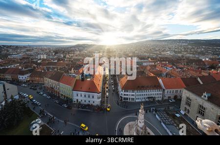 Aerial view of the city of Budapest, Hungary, with the sun shining on the streets and roofs Stock Photo
