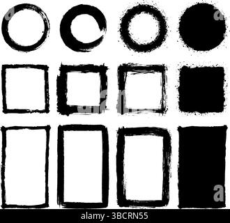 Set of grunge hand-drawn circles, squares, and rectangles in black ink style on white background, showing artistic sketch concept Stock Vector
