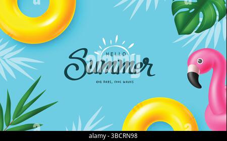 Hello summer text vector template design. Hello summer greeting text with floaters. Stock Vector