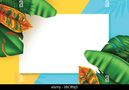 Tropical summer background template. Summer greeting card with tropical leaves element, Vector illustration. Stock Vector