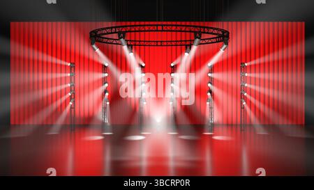 empty performance stage with spotlights and red curtain in the background, horizontal format for screens and TV - 3D rendering Stock Photo
