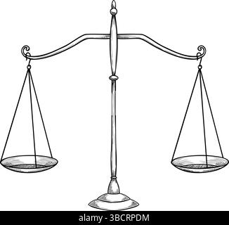 Hand drawn vector illustration of vintage balance Scales for cooking book recipes or kitchen design. Outline drawing of retro measurement tool painted by black inks. Symbol of low and justice. Stock Vector