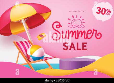 Summer sale text vector banner design. Summer special offer text with paper cut wave and beach elements for seasonal shopping sale advertisement. Stock Vector
