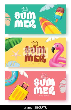 Hello summer greeting text. Summer banner set design with summer, tropical and travel vector elements in abstract background, Vector illustration Stock Vector