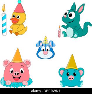Adorable cartoon doodle illustration of cute animals wearing party hats and celebrating a birthday Stock Vector
